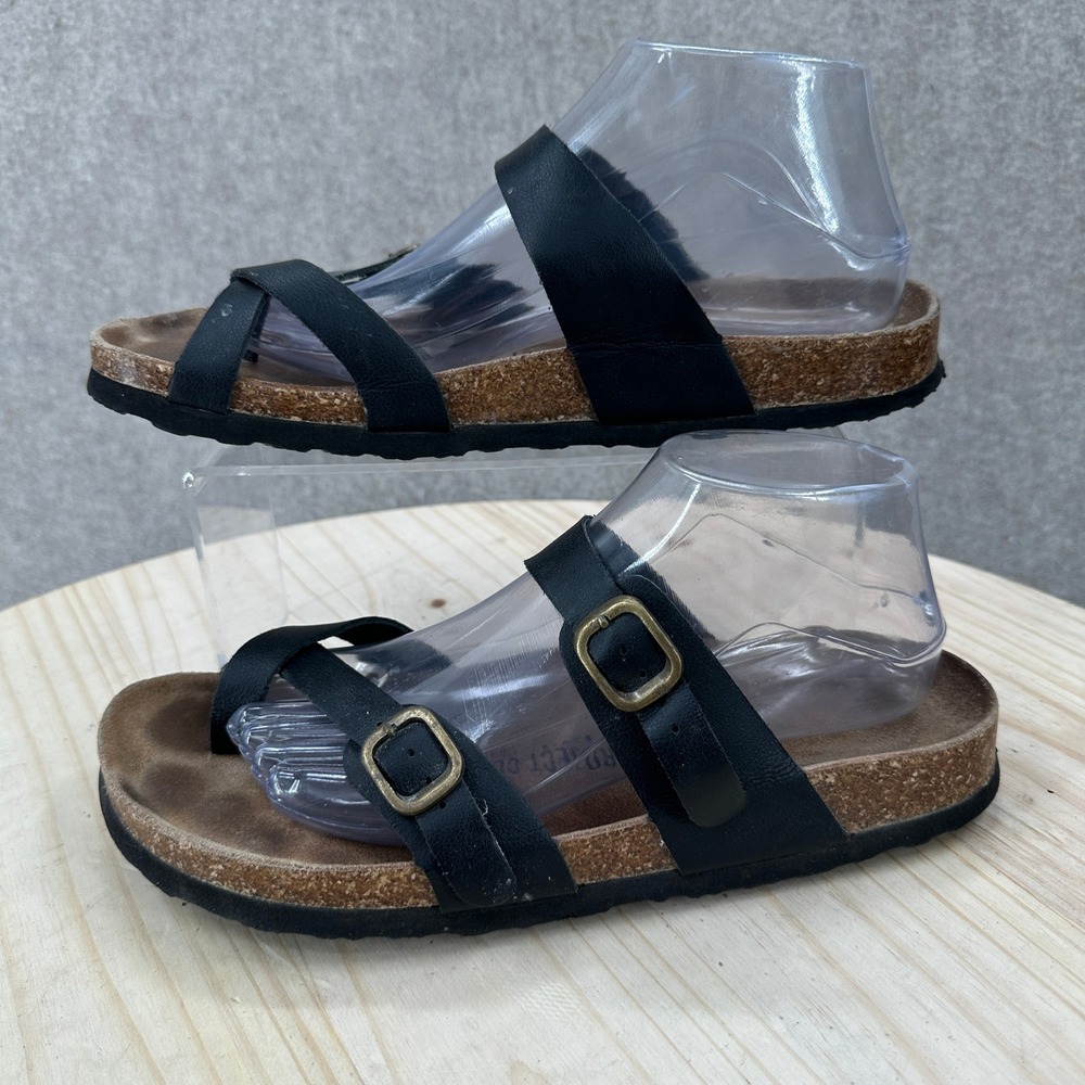 Project Cloud Strappy Sandals Womens 11 Black Cork Footbed Toe Loop Buckle